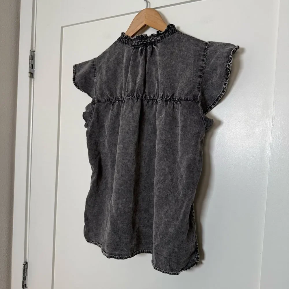 Rails Ruthie Black Acid Wash Top S Flutter Sleeve Button Up Linen Lyocell Ruffle